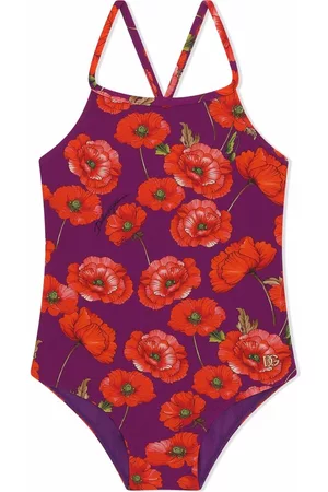 Dolce & Gabbana Girls Swimsuits - Poppy-print crossover strap swimsuit - Purple