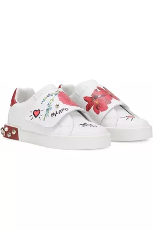 Dolce & Gabbana Girls Sneakers - Floral-painted touch-strap sneakers - White