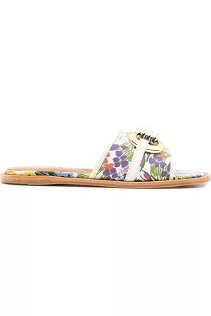 Vicenza Women Sandals - Floral-print leather slides - White