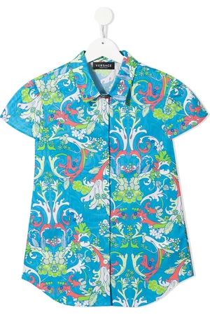 VERSACE Baroque-pattern cap sleeves shirt - Blue