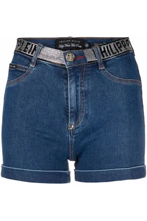 Philipp Plein Rhinestone logo waistband denim shorts