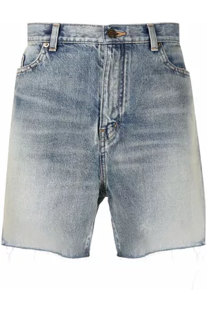Saint Laurent Men Shorts - Raw-edge cotton denim shorts - Blue