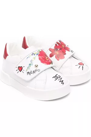 Dolce & Gabbana Girls Sneakers - Floral-print touch-strap sneakers - White