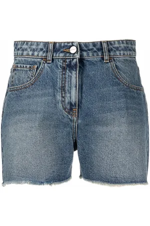 Palm Angels Palm tree-embroidered frayed denim shorts