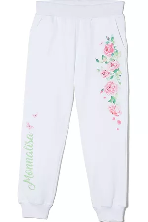 MONNALISA Sports Pants - Rose-print cotton track pants - White