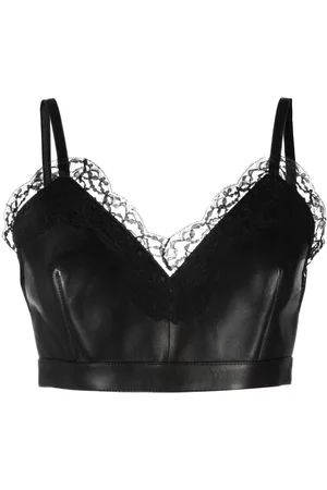 Alexander McQueen Women Lace-up Tops - Cropped lace-trim leather top - Black
