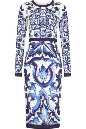 Dolce & Gabbana Women Printed Dresses - Majolica-print pencil midi dress - Blue