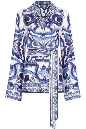 Dolce & Gabbana Women Shirts - Majolica-print belted silk shirt - Blue
