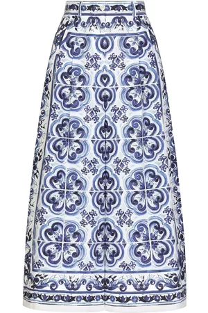 Dolce & Gabbana Women Wide Leg Pants - Majolica-print cropped culottes - Blue