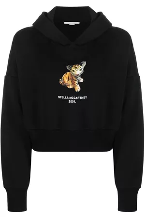 Stella McCartney Women Hoodies - Tiger-print cropped hoodie - Black