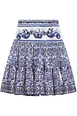 Dolce & Gabbana Girls Printed Skirts - Majolica-print pleated midi skirt - Blue