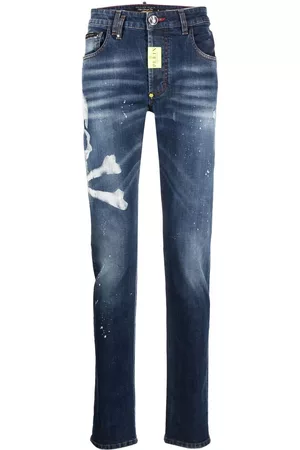 Philipp Plein Men Slim Jeans - Skull-print slim-cut jeans - Blue