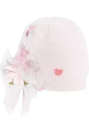 MONNALISA Caps - Floral bow-detail knitted cap - Pink