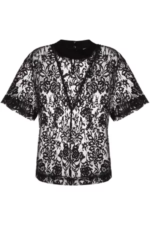 Alexander McQueen Women Lace-up Tops - Floral-lace short-sleeve top - Black