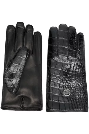 Philipp Plein Men Gloves - Crocodile-effect leather gloves - Black