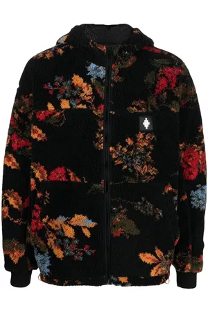 MARCELO BURLON Floral-print hooded fleece jacket - Black