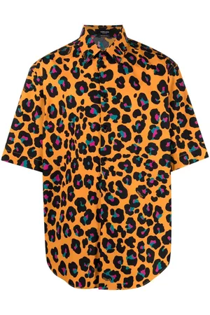 VERSACE Men Short sleeved Shirts - Leopard-print short-sleeve shirt - Orange