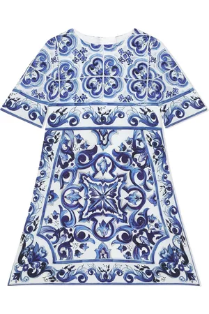 Dolce & Gabbana Girls Printed Dresses - Majolica-print silk-blend dress - Blue