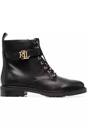 Ralph Lauren Women Lace-up Boots - Burnished logo-plaque lace-up leather boots - Black