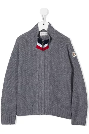 Moncler Boys Sweatshirts - Stripe-detail virgin wool cardigan - Grey