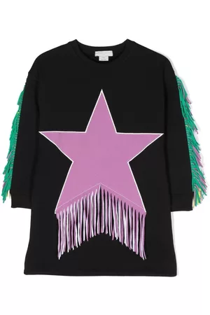 Stella McCartney Girls Casual Dresses - Fringed star-patch sweater dress - Black