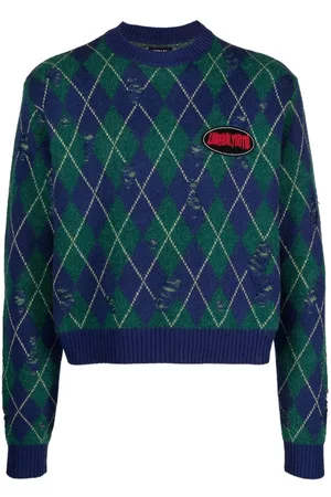 Liberal Youth Ministry Men Sweatshirts - Distressed argyle-pattern jumper - GREEN