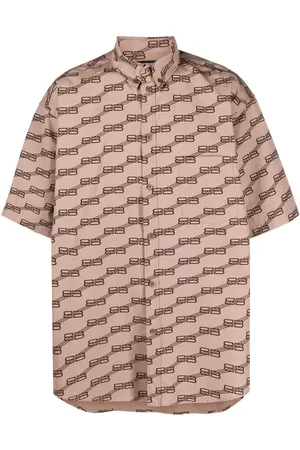 Balenciaga Men Short sleeved Shirts - Monogram-pattern short-sleeved shirt - Brown