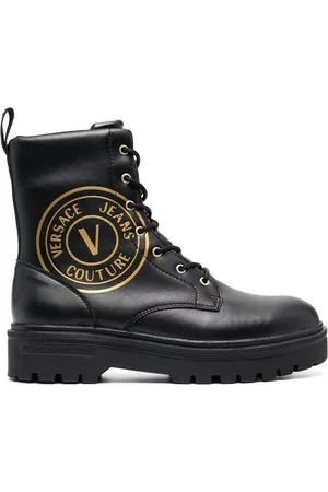 VERSACE Logo-print leather combat boots - Black