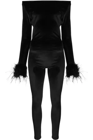 Atu Body Couture Women Off the shoulder Jumpsuits - Feather-cuffs off-shoulder velvet jumpsuit - Black