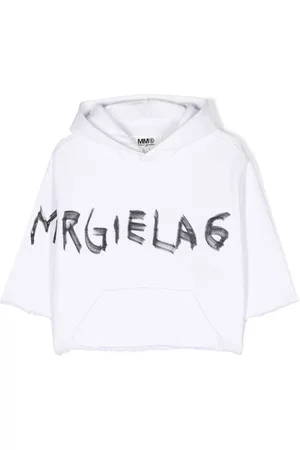 Maison Margiela Boys Hoodies - Logo-print raw-cut hoodie - White