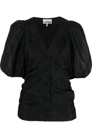 Ganni Puff-sleeve jacquard blouse