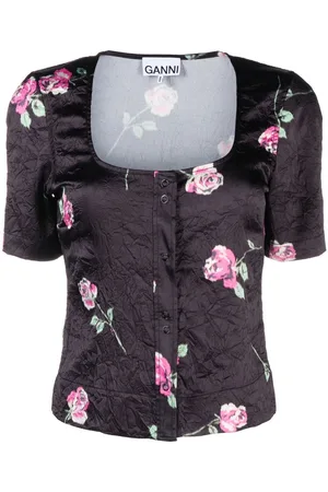 Ganni Floral-print crinkled satin blouse