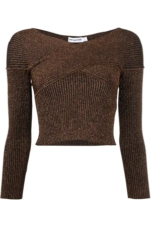 Self-Portrait Off-shoulder metallic knitted top