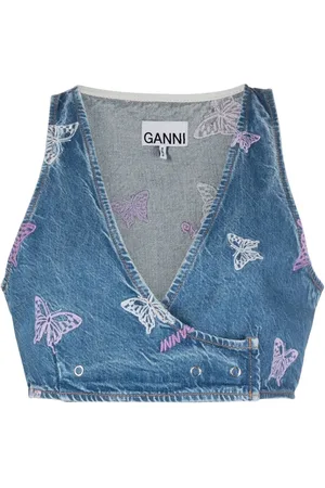 Ganni Embroidered denim crop top