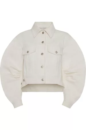 Alexander McQueen Women Denim Jackets - Puff sleeves cropped denim jacket - Neutrals