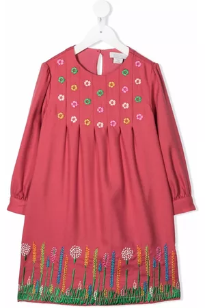 Stella McCartney Girls Long Sleeve Dresses - Floral-embroidered long-sleeve midi dress - Pink