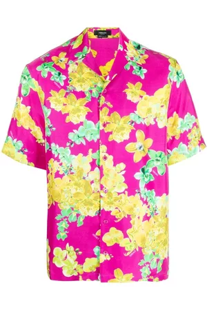 VERSACE Men Short sleeved Shirts - Orchid-print short-sleeve silk shirt - Pink