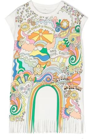 Stella McCartney Girls Printed Dresses - Graphic-print fringed dress - White