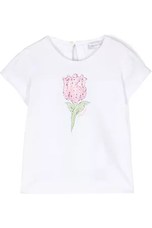 MONNALISA T-shirts - Rhinestone floral-print T-shirt - White