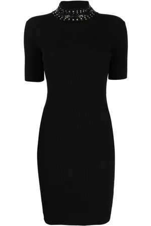 VERSACE Women Knitted Dresses - Spiked-turtleneck knit minidress - Black