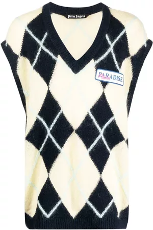 Palm Angels Men Argyle Sweaters - Logo-patch argyle knitted vest - Black