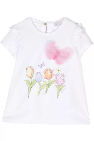 MONNALISA T-shirts - Floral-print tulle-appliqué T-shirt - White