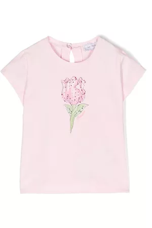 MONNALISA T-shirts - Rhinestone floral-print T-shirt - Pink