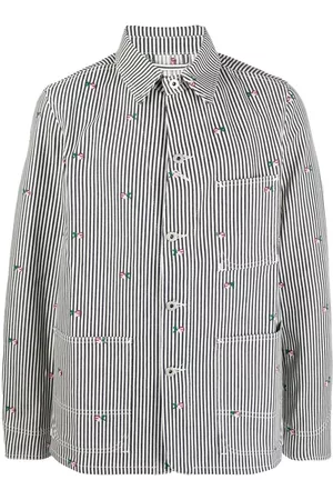 Kenzo Men Floral Jackets - Floral-embroidered striped shirt jacket - White