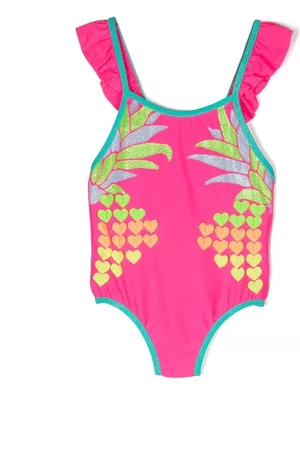 Billieblush Girls Swimsuits - Ruffled-detail heart-print swimsuit - Pink