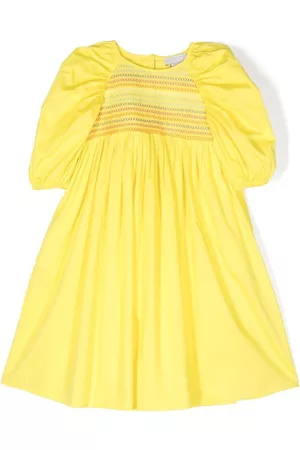 Stella McCartney Girls Casual Dresses - Gathered-detail puff-sleeves dress - Yellow