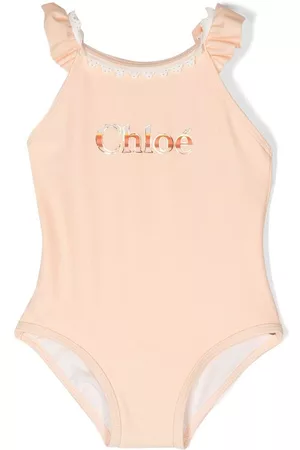 Chloé Swimsuits - Ruffle-trim logo-print swimsuit - Neutrals