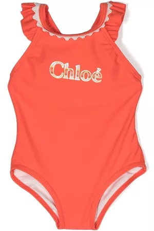 Chloé Swimsuits - Logo-print ruffled-trim swimsuit - Orange