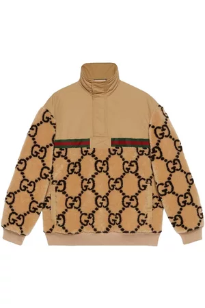 Gucci Men Fur Jackets - GG jacquard faux fur half-zip jacket - Neutrals