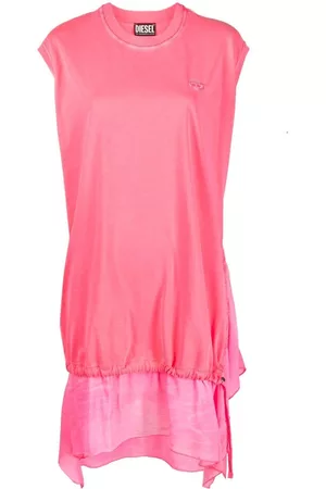 Diesel Women Asymmetrical Dresses - Logo-embroidered asymmetric-hem T-shirt dress - Pink